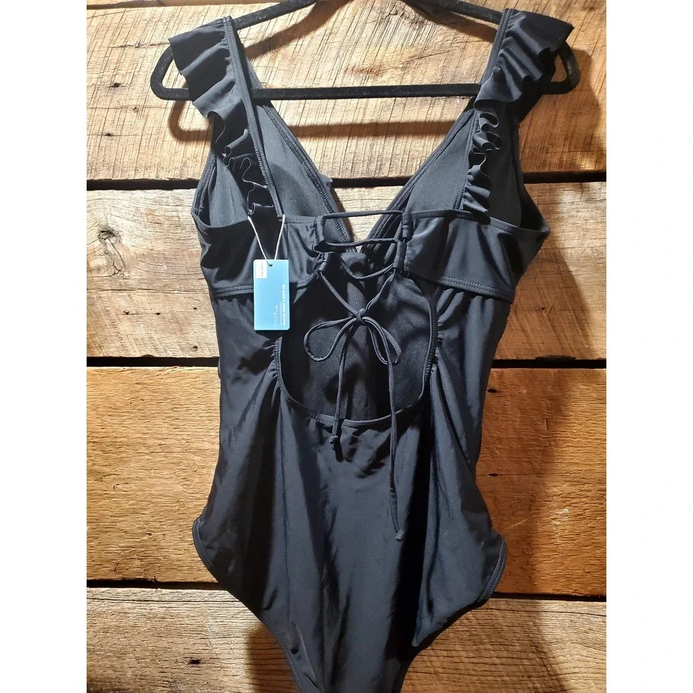 Summer Mae Black Ruffle V-Neck Maternity One-Piece Swimsuit, Size Large